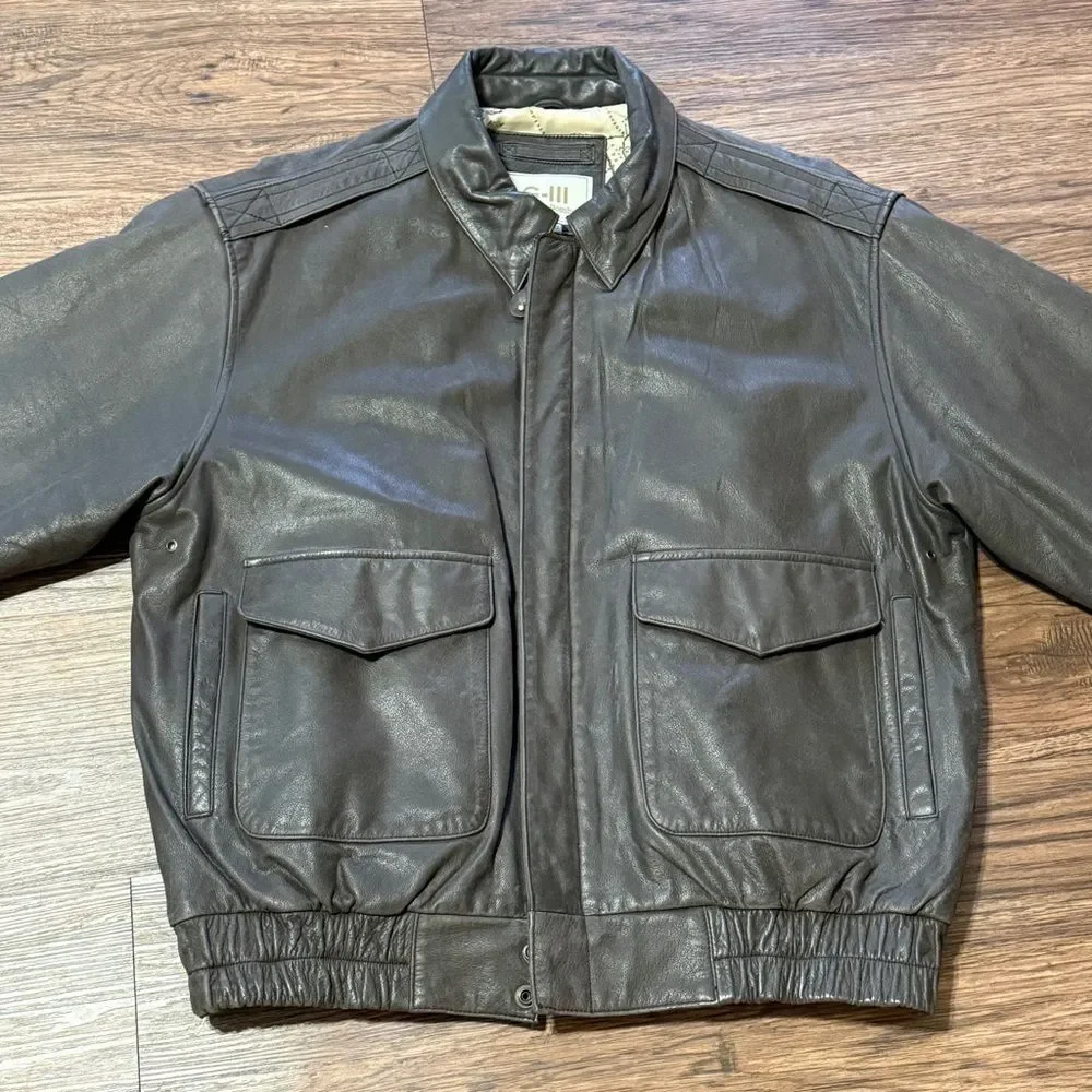 Vintage G-III Zip Up Leather Authentic Bomber Jacket Brown Size Medium